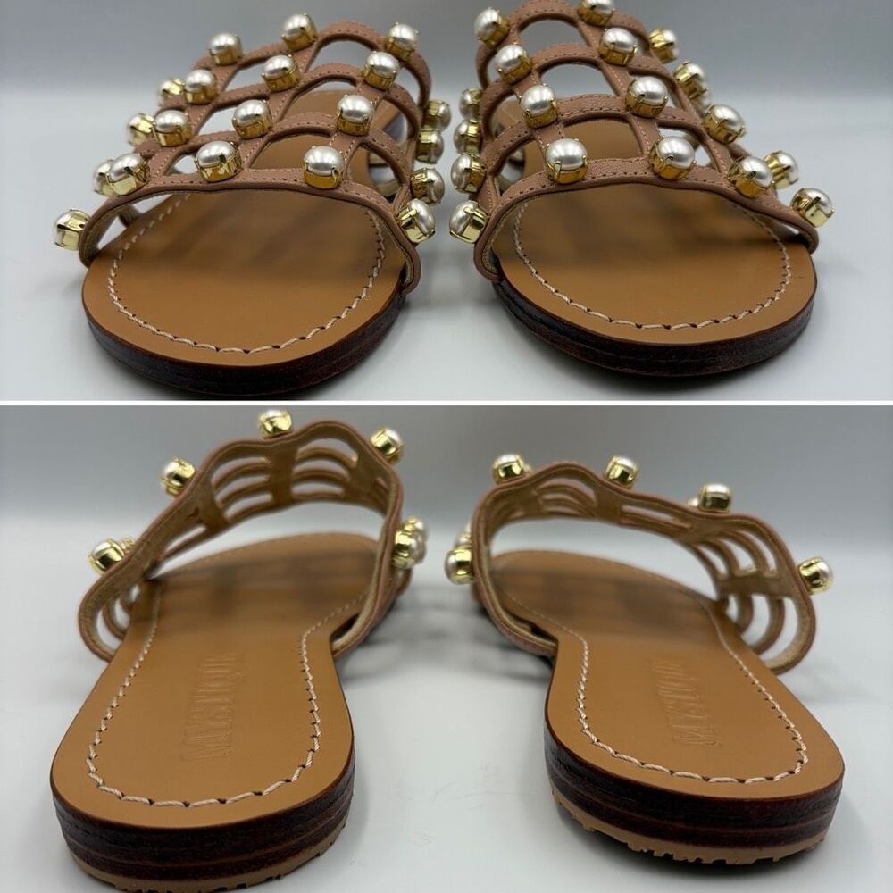 Mystique Size 9 Champagne Leather Pearl Embellished Slide Sandals - Picture 10 of 12